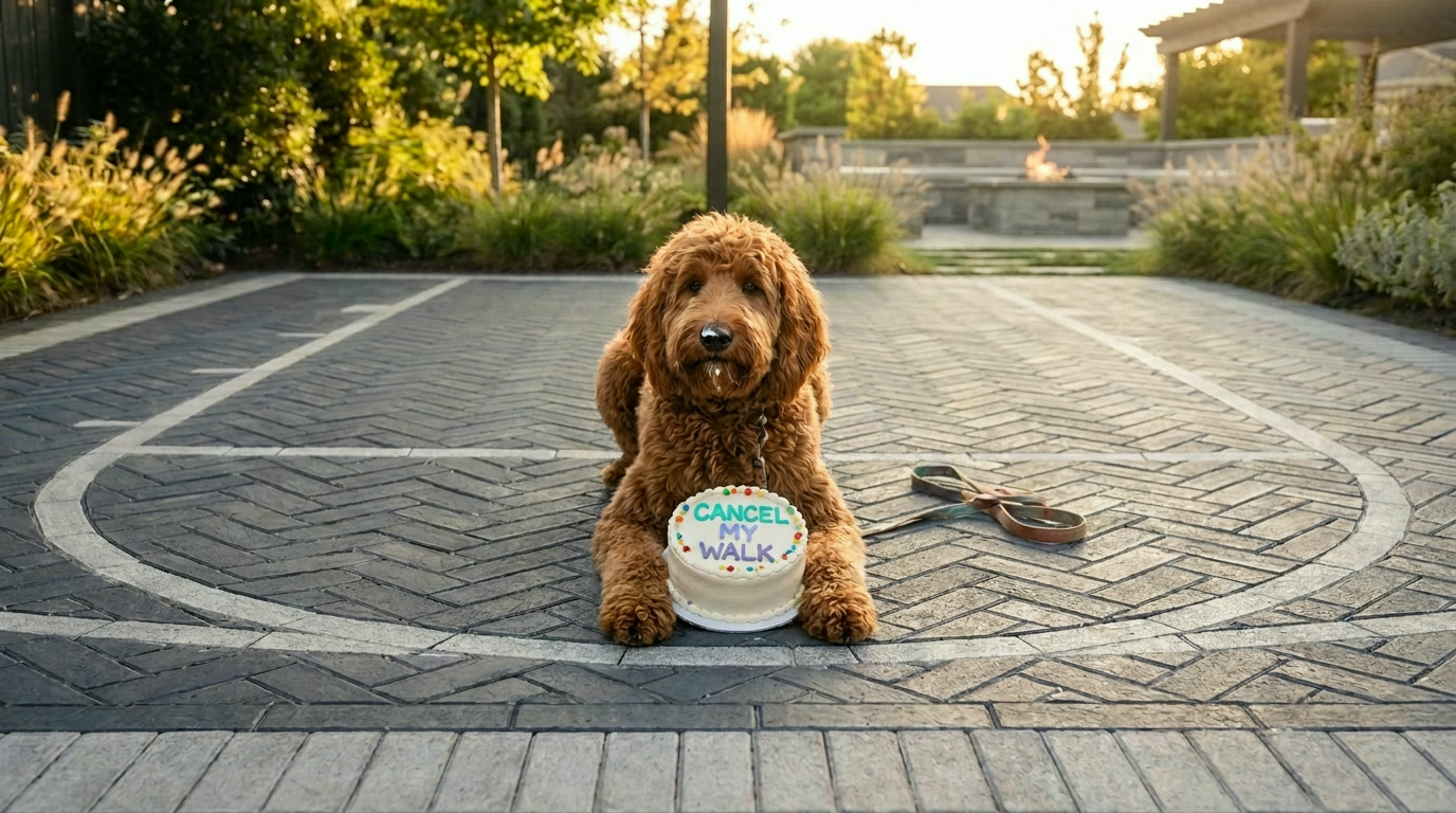 A red goldendoodle lies contentedly on a herringbone paver basketball court with his paws around a cake reading Cancel My Walk, with a stone outdoor living lounge and a loosely draped leash beyond