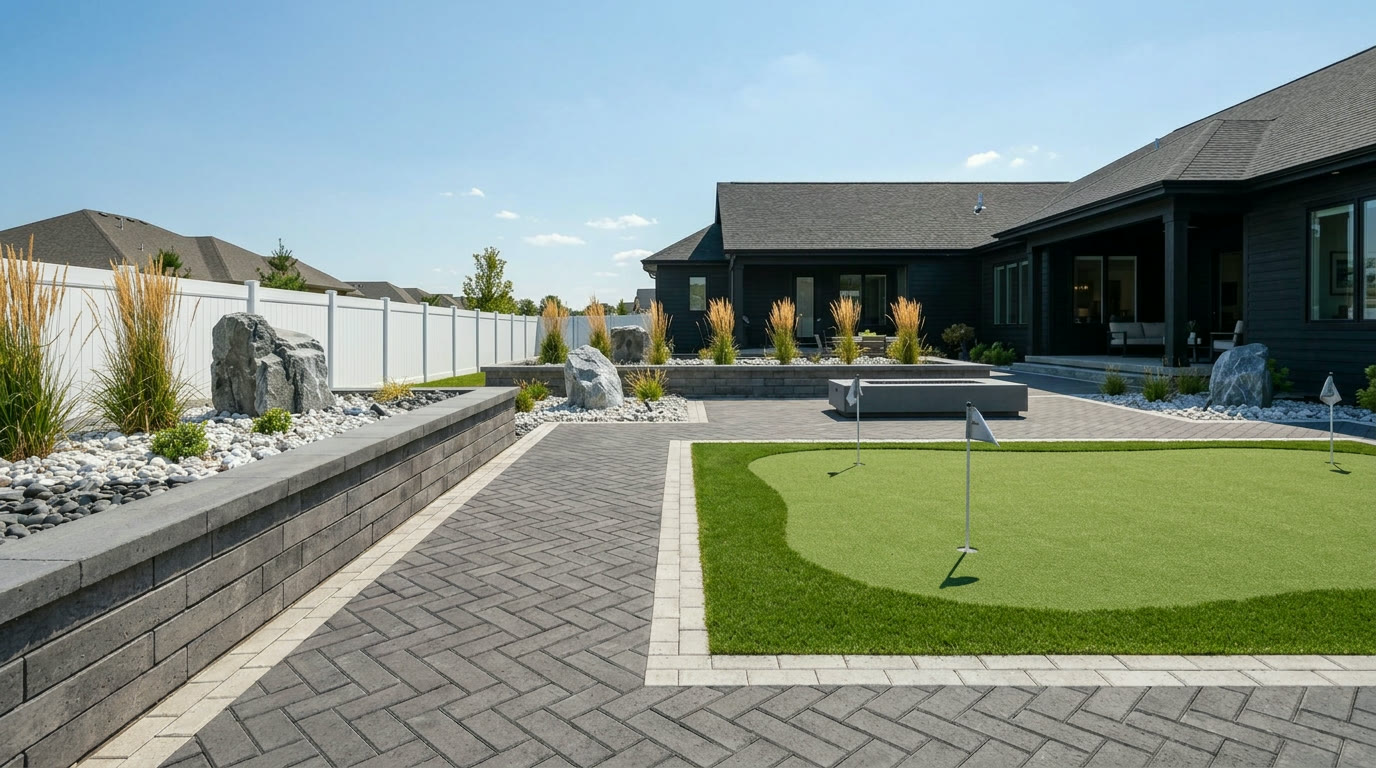Midwest backyard with pool and retaining walls in midday light