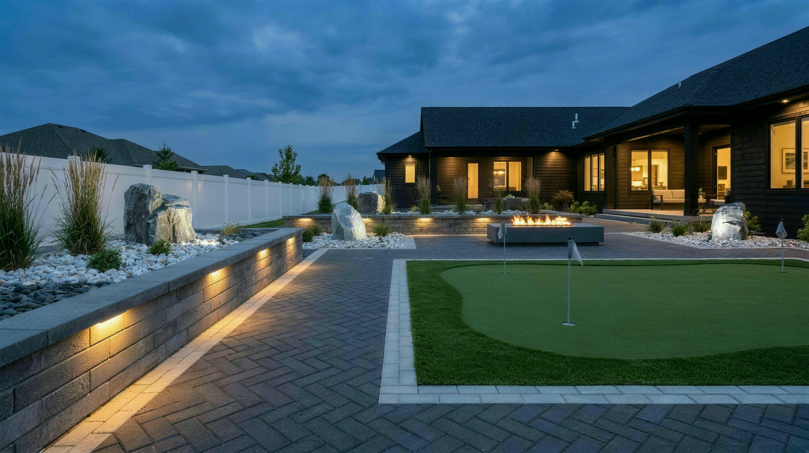The same backyard at twilight with architectural landscape lighting