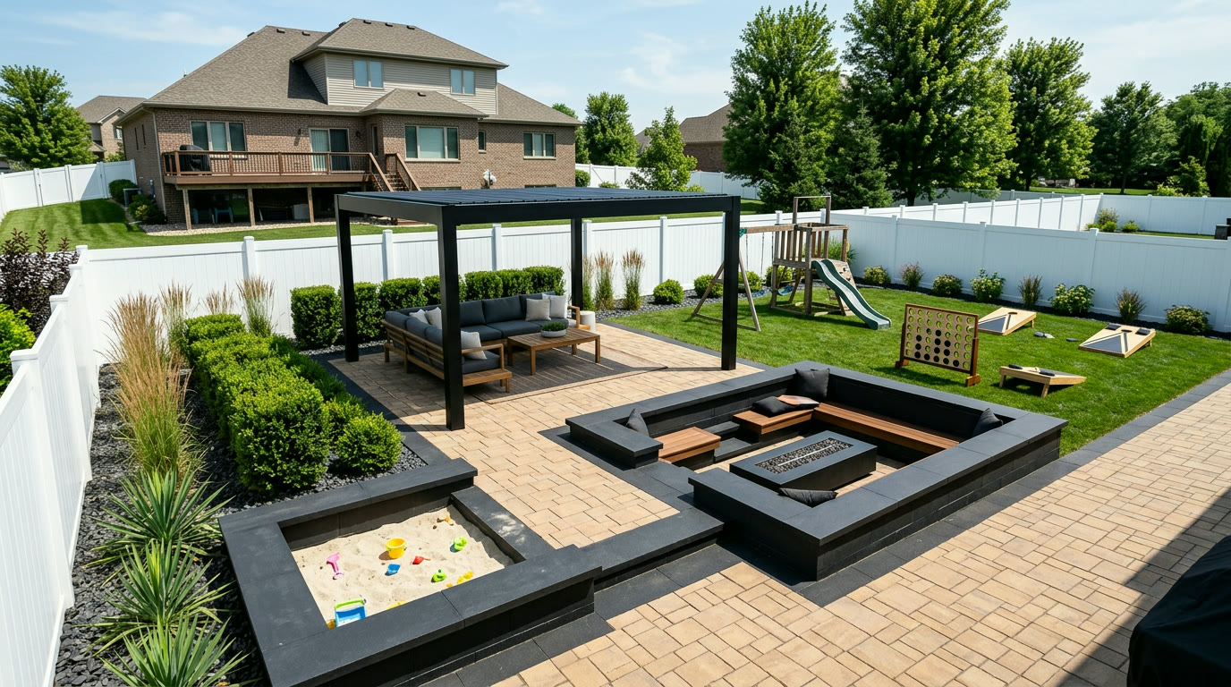 Full outdoor living Midwest backyard with black pergola, sunken lounge, built-in sandbox and lawn games