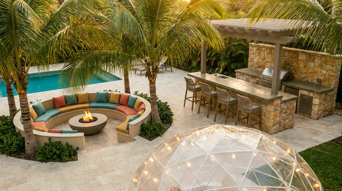 Resort-style backyard with sunken palm-shaded lounge, outdoor kitchen and geodesic dome tent