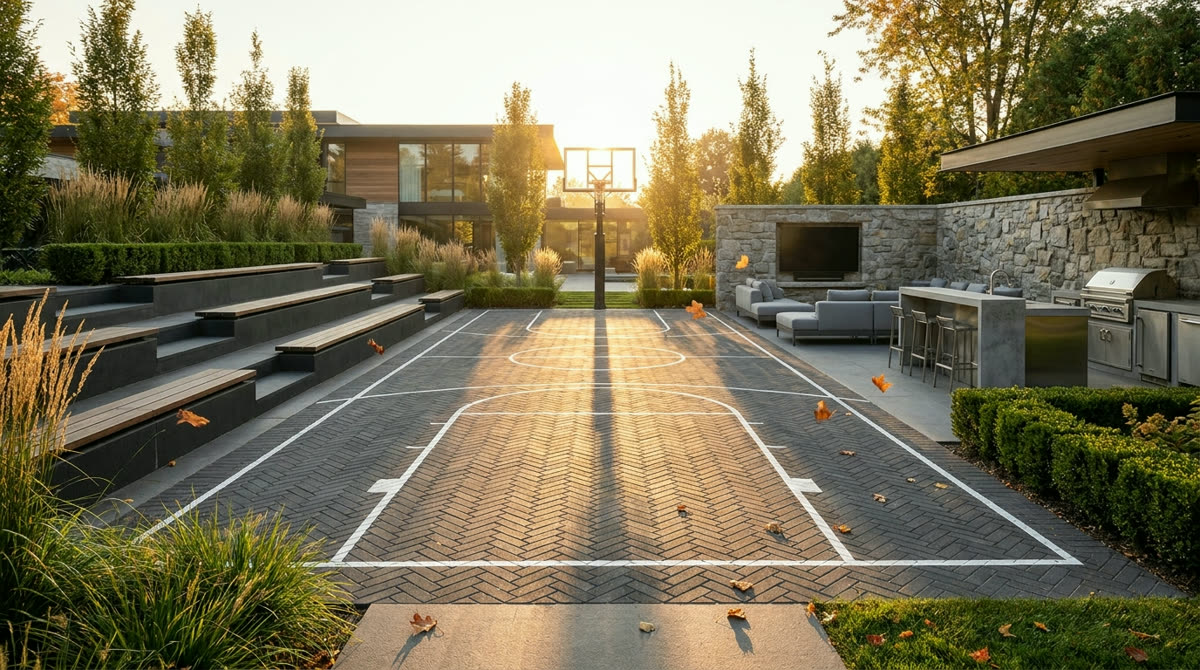 Modern backyard basketball court with bleacher seating, outdoor TV lounge and bar