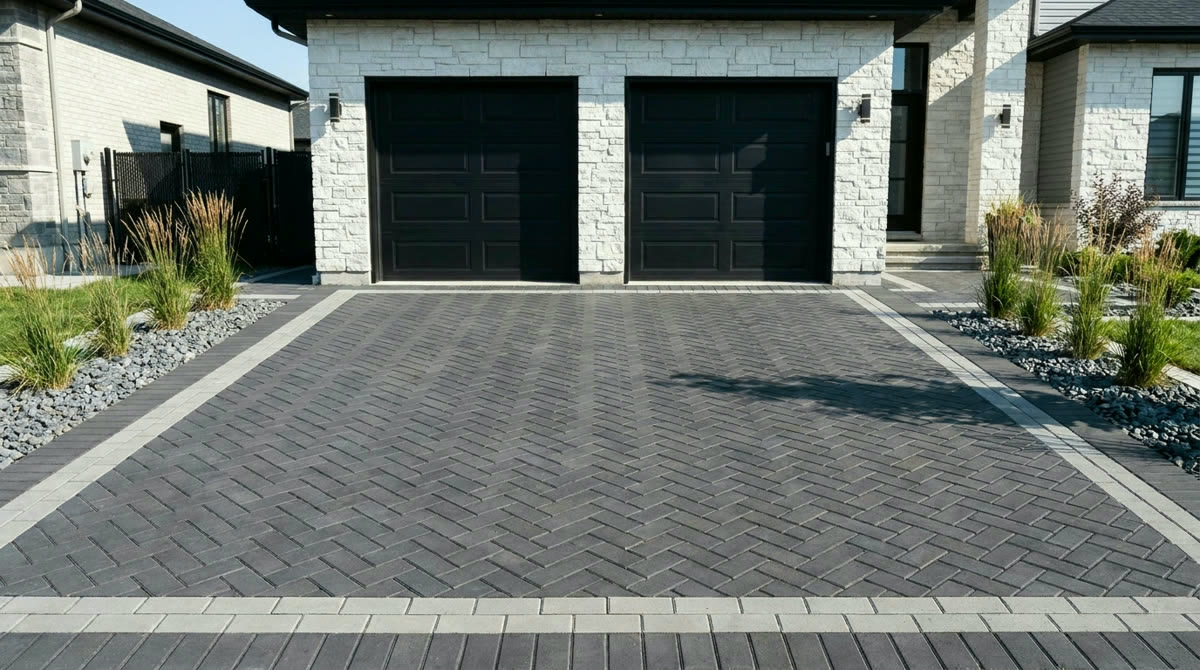 Charcoal herringbone paver driveway with double border