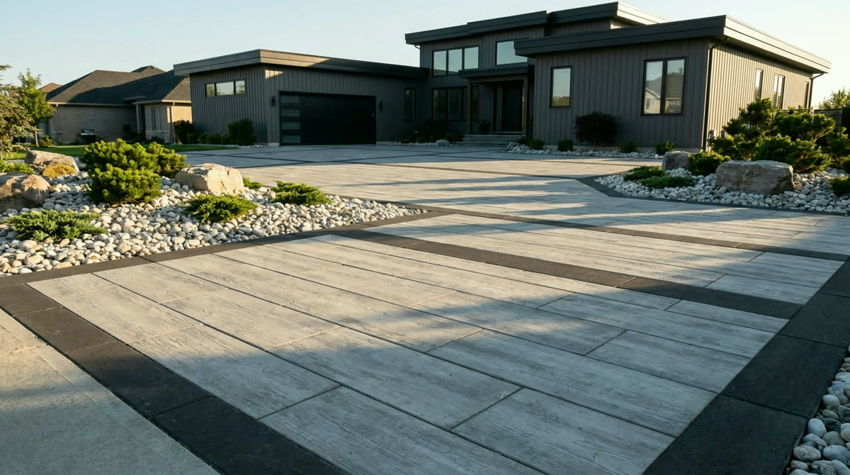 Large-format plank paver driveway in running bond pattern