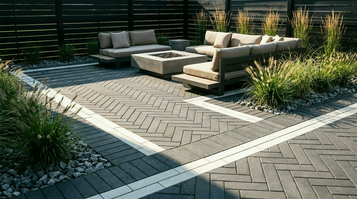 Herringbone paver patio with white stone double border
