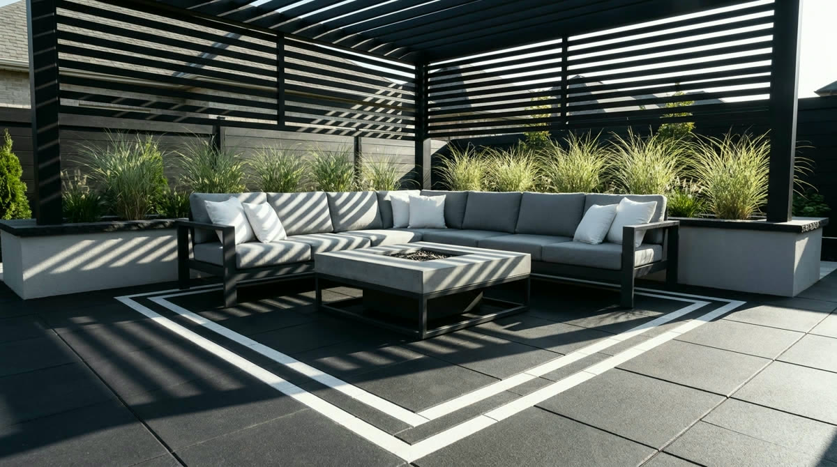 Black paver patio with outdoor living room