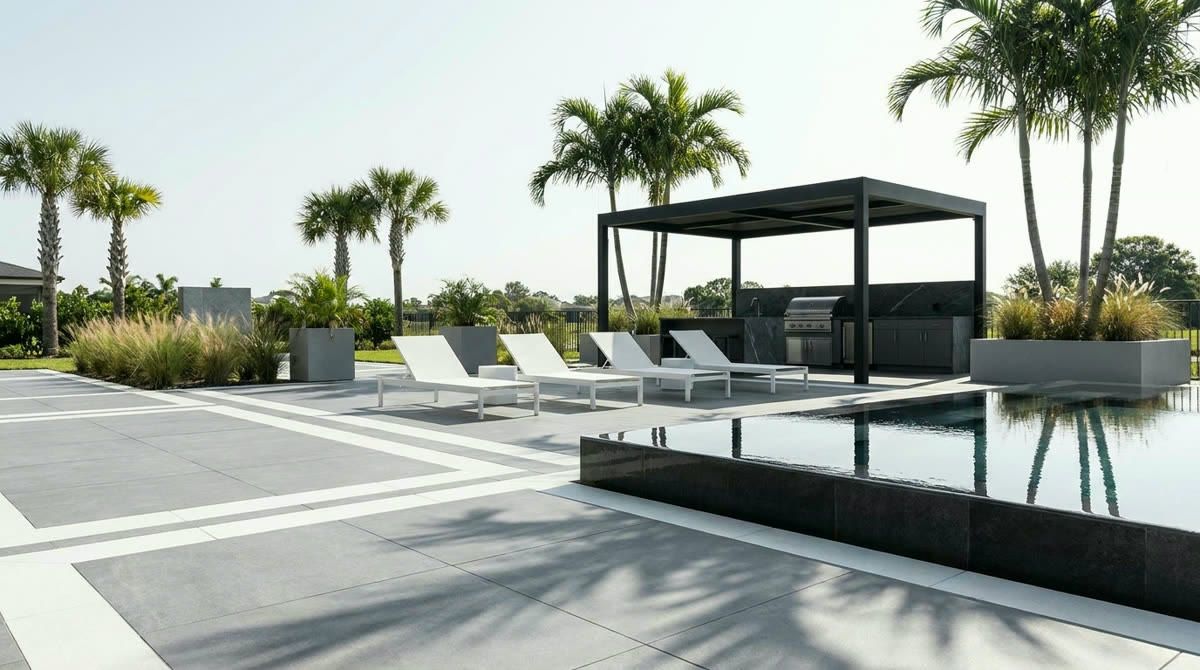 Grey paver pool deck with white banding