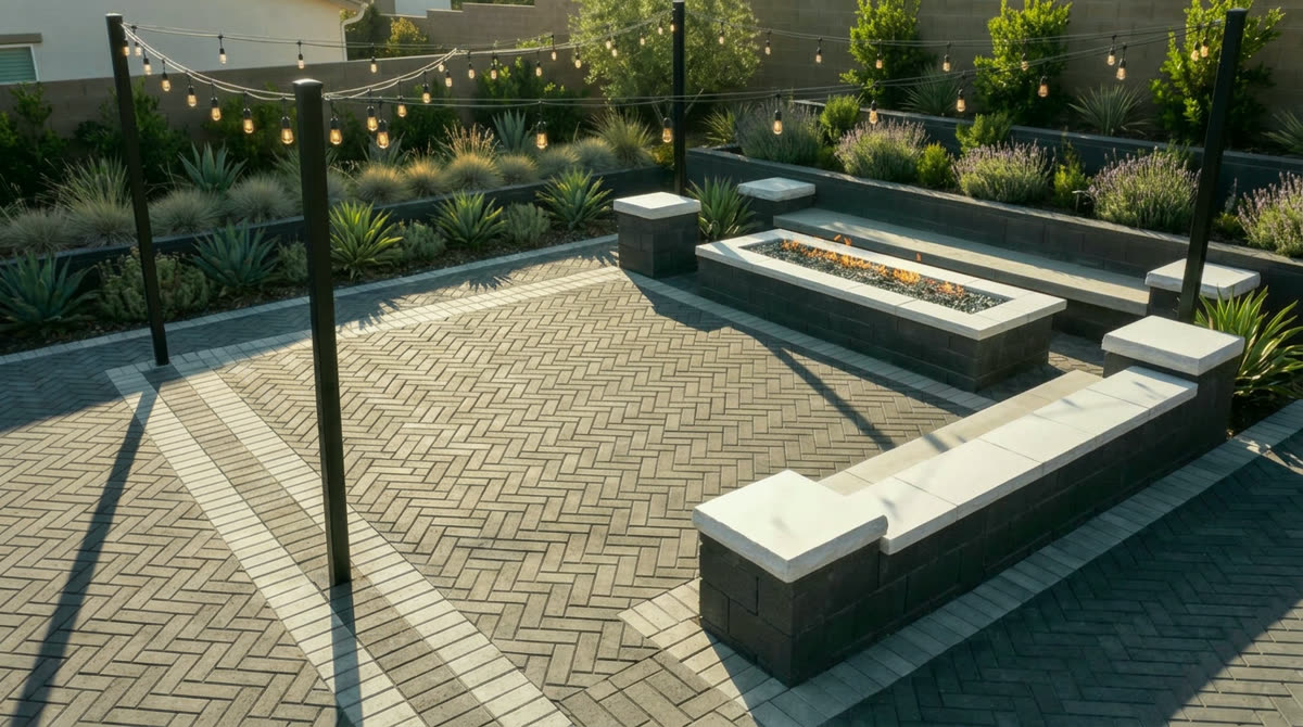 Charcoal paver courtyard with fire feature