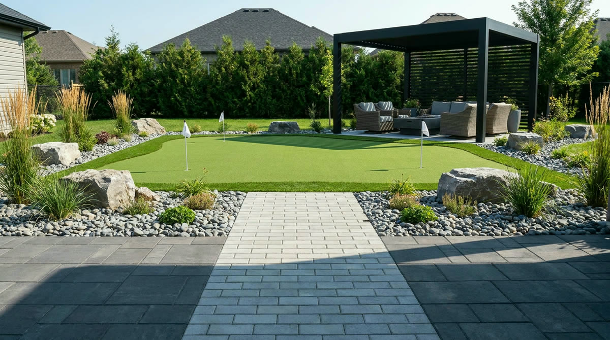 Backyard putting green framed by pavers and decorative rock