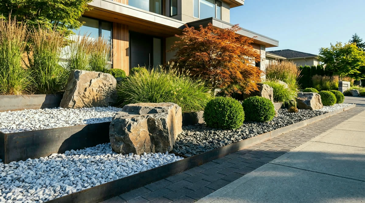 Contemporary landscape bed with layered decorative rock and boulders