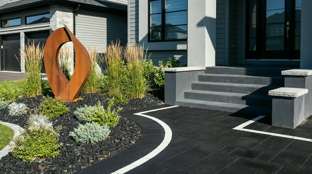 Black paver walkway with white double border