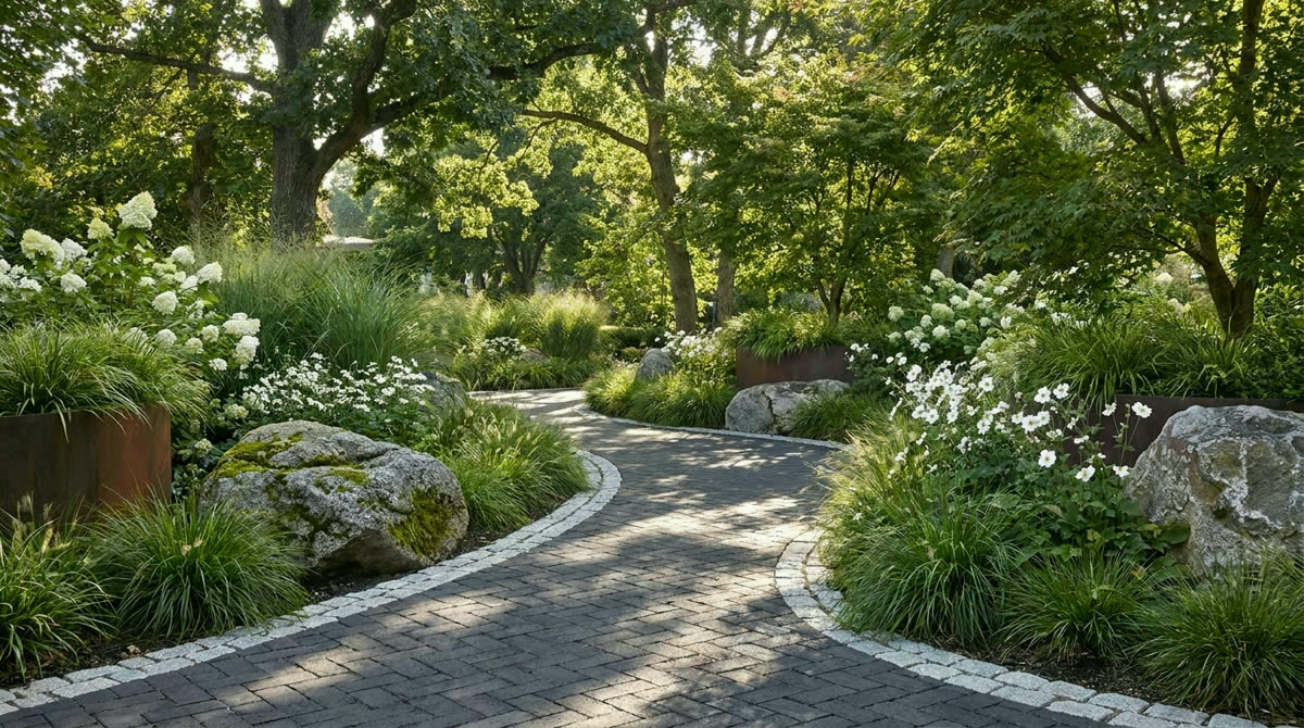 Charcoal garden path through landscape
