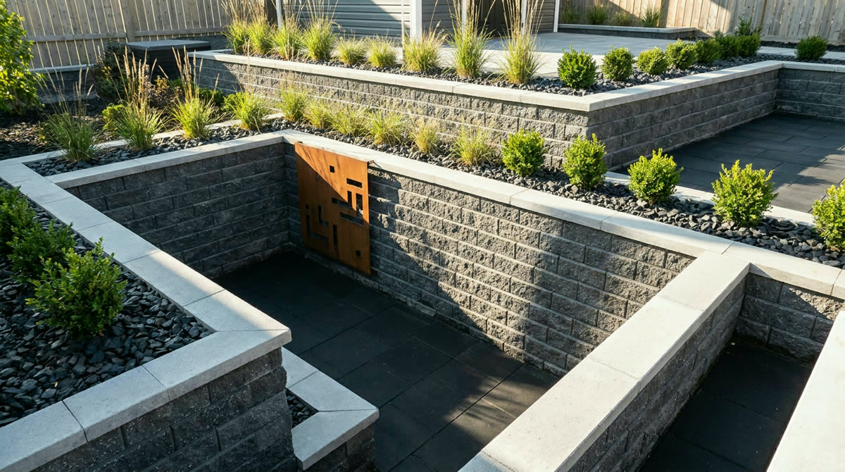 Terraced grey block retaining walls