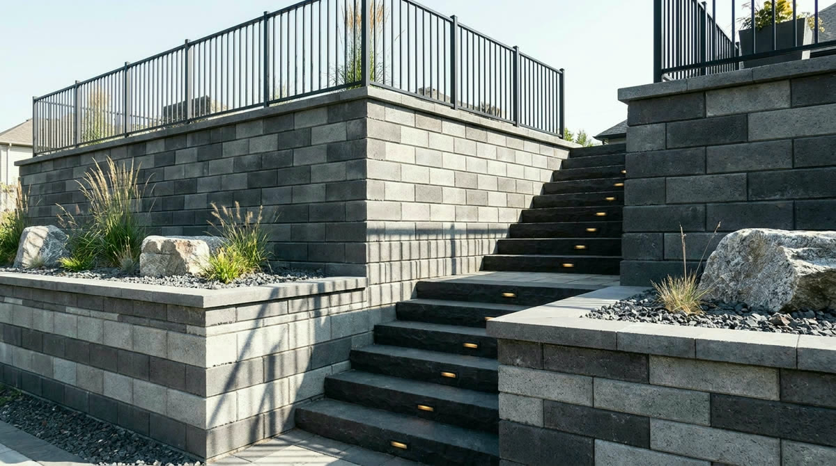 Tall retaining walls with stone steps